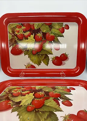 4 Set Vintage Strawberry Metal Trays Lap TV Serving Large 17.5  X 12.75  • $26.99
