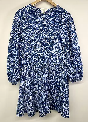 H&M Babydoll Dress Blue White Linen Blend Summer Puff Sleeve UK S 10/12 • £14.99