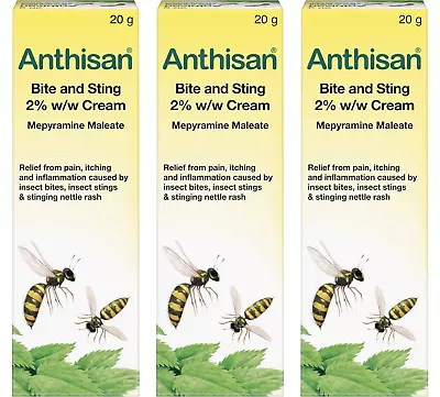 Anthisan Bite And Sting 2% Cream 20g - Relief From Pain Itching - 3 PACK • £15.97