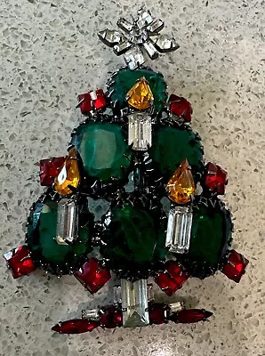 LAWRENCE VRBA Red & Green Rhinestone Candle Christmas Tree Pin Brooch • $200