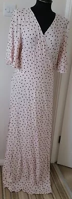 Ladies Long Pink Polka Dot Wrap Dress V Neck Short Sleeves Size 18 • £7