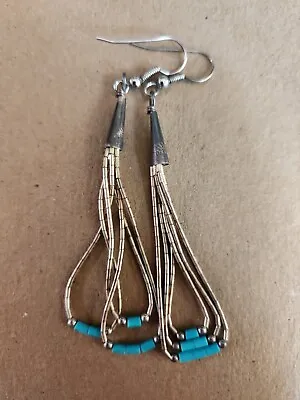 $4.99 • Buy Southwest  STERLING  Liquid Silver And Turquoise Dangle Earrings 3 L