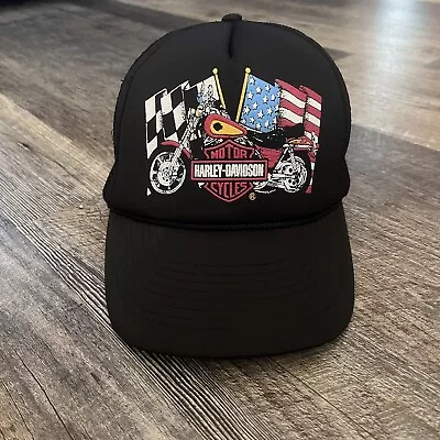 Vintage Harley Davidson Black Mesh Trucker Snapback Hat Motorcycle American Flag • $59.95