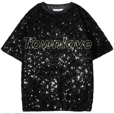 Men Sequin Top Shimmer Glitter Loose T Shirt Short Sleeve Party Casual Tops • $36.85