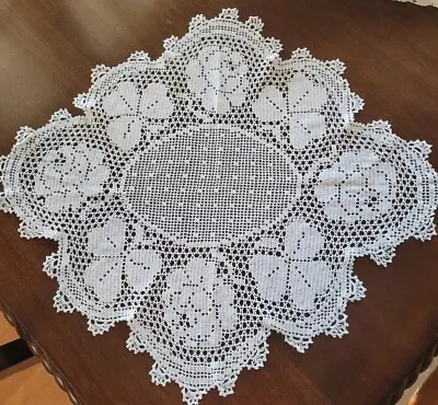 Antique 1930's 55cm Mary Card Rose Clover Filet Crochet Doily Table Centrepiece  • $85