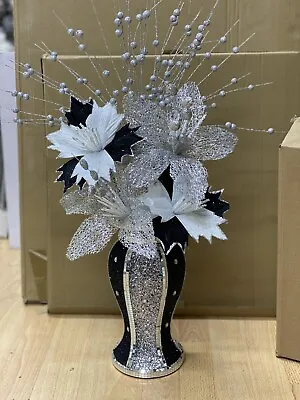 £26.99 • Buy BLACK SILVER VASE WITH FLOWERS MOSAIC CRUSHED CRYSTAL ROMANY BLING 30cms
