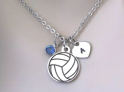 Volleyball Necklace With Initial Heart & Birthstone - Sports Jewelry Volleyball • $24