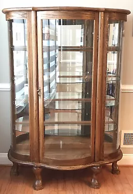 Oak Curved Glass China Cabinet Claw Feet Glass Shelves & Mirror Back Lock & Key • $925