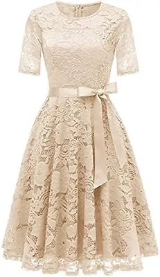 DRESSTELLS  Lace Mother Of The Bride Dress With Belt Short Sleeve Champagne L • $35.99
