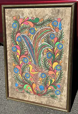 Mexican Folk Art Painting Of Bird Flowers Amate Bark Paper 24.5x17  Vintage • $60