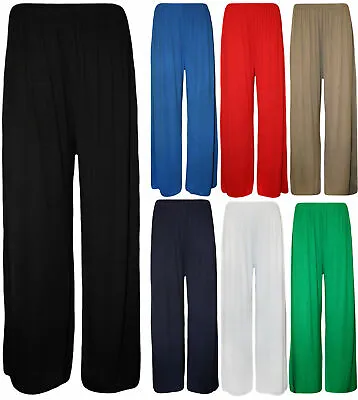 Ladies Womens Plain Palazzo Trousers Baggy Wide Leg Flared Pants 8-26 • £4.49