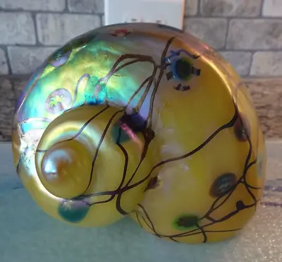 1990's Carl Radke Art Glass Millefiori Iridescent Nautilus Shell Sculpture • $275