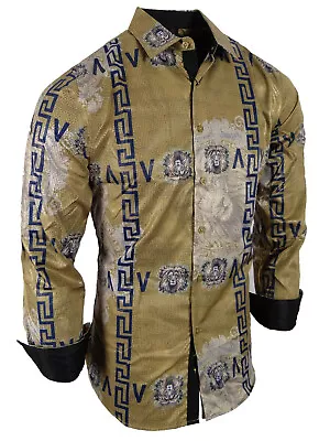 Mens Shirt Luxury Animal Print Gold Italian Stripe Sheen Stretch Slim Fit Button • $29.95