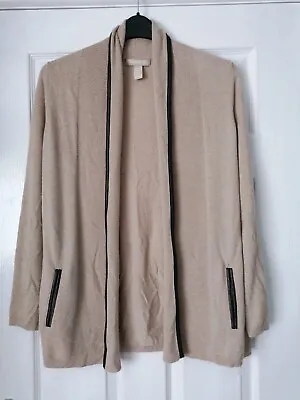 BANANA REPUBLIC Ladies M Uk 14 Beige Faux Leather Trim Open Wool Blend Cardigan • £3.99