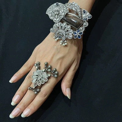 £27.12 • Buy Oxidized Bracelet With Adjustable Ring Combo For Women Indian Ethnic Jewelry