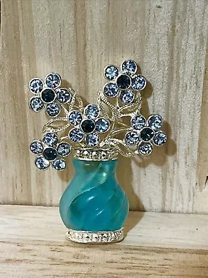 Vintage AVON SH Flower Vase Brooch Pin-Rhinestones Turquoise Lucite Vase-Signed • $15