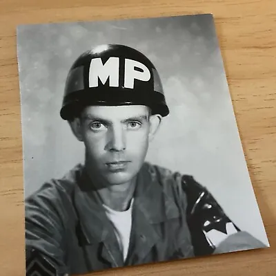 B&W Headshot Photo Of Unnamed Soldier Wearing MP Helmet & Arm Band • $3