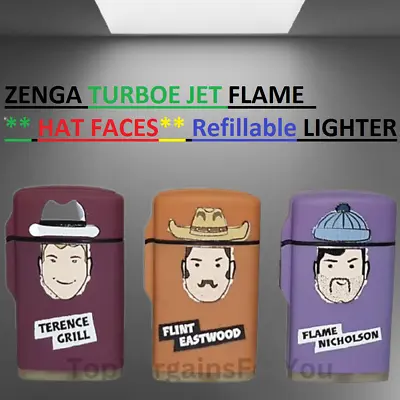 ZENGA MAXI JET FLAME Windproof Lighter HAT FACE RUBBER Design Lighter Refillable • £4.65
