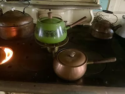 VTG 70’s Fondue Pot Pan Set + BOOK Hippie Mushroom Green + Copper + Burner Retro • $40