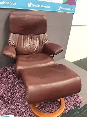 £60 • Buy Leather Recliner Chair & Stool Stressless Burgundy Soft Swivel Armchair Z1235