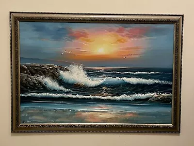 Large Oil Painting - Sunrise Beach Waves On Rocks Ocean Signed 69cm X 99cm • $375