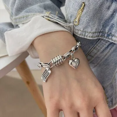 Vintage 925 Sterling Silver Thick Chain Bracelet Trend Cute Bangle  Heart Pendan • $8.19