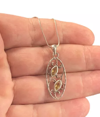 $45.94 • Buy Vintage Sterling & Faceted Citrine Open Work Pendant 925 Italy Chain Necklace