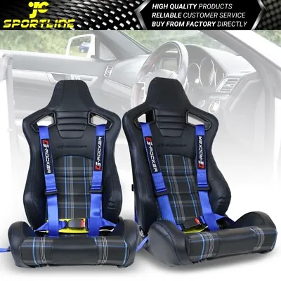 Universal Recline Racing Seat Dual Sliders Blue PU Carbon Plaid & Buckle Belt X2 • $395.99