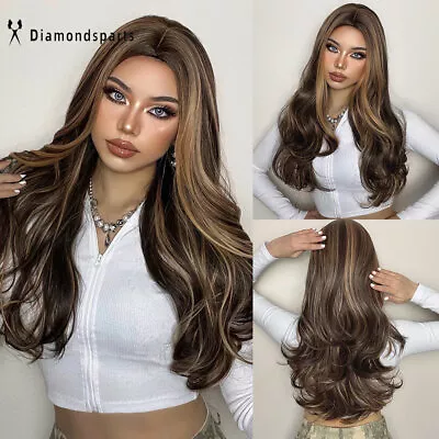 Highlight Brown Blonde Daily Wigs Long Wavy Synthetic Hair Women Fanshion Wig US • $18.08