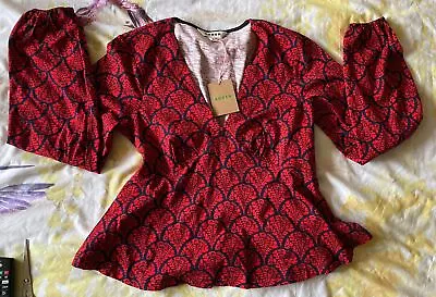 Boden Red/Navy Long Sleeve V Neck Peplum Top NWT Size 8 • £9.99