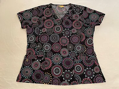 Wonder Wink Scrub Top Black Colorful Mosaic Print Size XL • $14