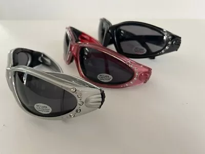 Womens Padded Motorcycle ATV Bike Riding Glasses Rhinestone Frames Black Lens • $12.49