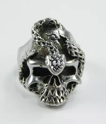 Vintage Men's Sz 11.25 Silver Tone Skull & Snake Statement Ring • $16.99