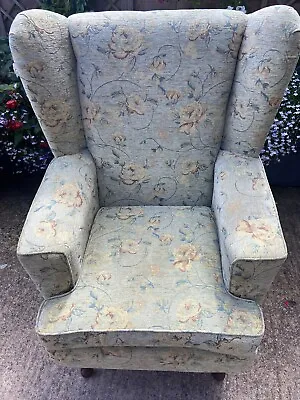 Large High Back Wing Back Chair Pale Green Floral Queen Anne Legs • £149.99