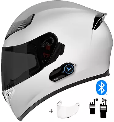 White Full Face Motorcycle Helmet + Intercom Bluetooth Headset + Shield Options • $169.95