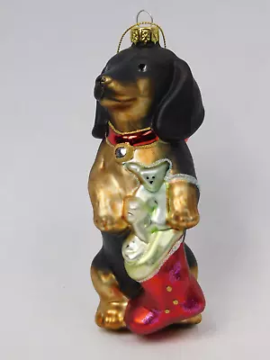 6  Dachshund Dog Glass Christmas Ornament Holding Stocking Red Bow • $22.87