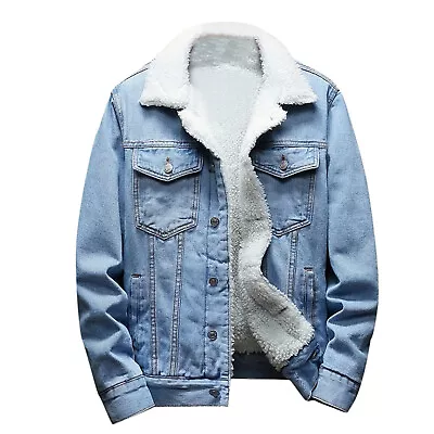 Men Fleece Lined Winter Warm Fur Collar Coat Trucker Denim Jean Jacket Outwear • $105.99