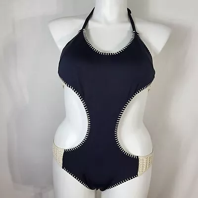 Victoria's Secret Monokini SWIMSUIT Womens Size L Black Tan Crochet Bathing Suit • $32