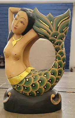 Balinese Folk Art Mermaid Sea Siren Goddess Desk Mirror – Hand Carved / Painted • $44.99