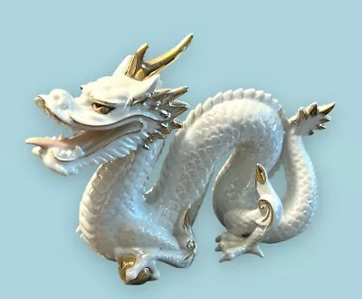 Vintage Yoshimi K Iridescent White & Gold Dragon Sea Serpent Porcelain Figurine • $40