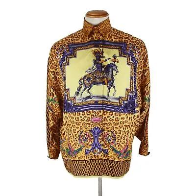 Authentic Versace Gold Baroque And Leopard Print Silk Blouse With Equestrian Rid • $490