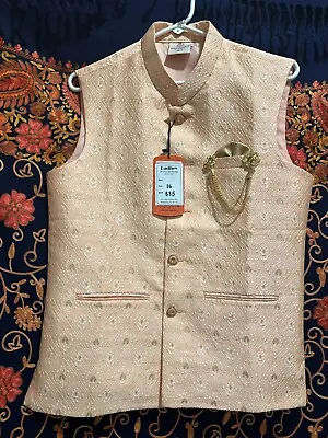 Ethnic Nehru Jacket Vest Men's Peach With White & Gold Pattern Size 36/S • $35