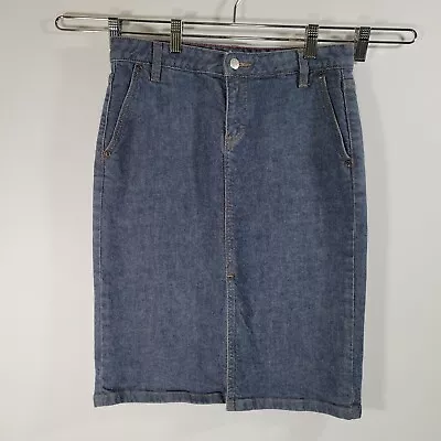 J CREW Chambray Denim Skirt Size 2 Front Slit Straight Knee Length Pockets • $29.99