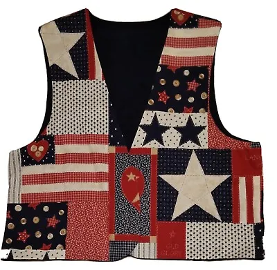 £10 • Buy Retro Vintage Funky Stylized American Flag Patchwork Print Open Waistcoat 44 