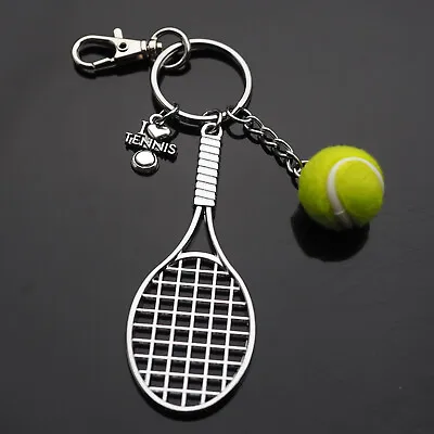 $6.99 • Buy Tennis Racket & Green Ball Keychain Silver Racket I Love Tennis Charm With Clip