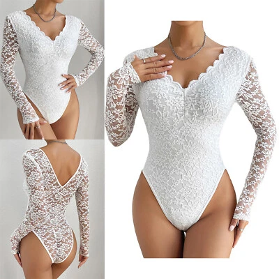 £23.99 • Buy Womens Exquisite Floral Lace Bodysuit Long Sleeves V Neck Leotard Tops Jumpsuit 
