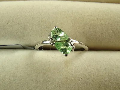 Tsavorite Green Garnet Pear Duet V Rare & Diamond 9K White Gold Ring Size N-O/7 • $319.14