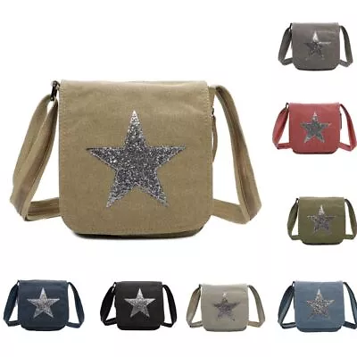 Women's Flap Charm Glitter Star Canvas Shoulder Messenger Handbag Crossbody Bag • £15.99