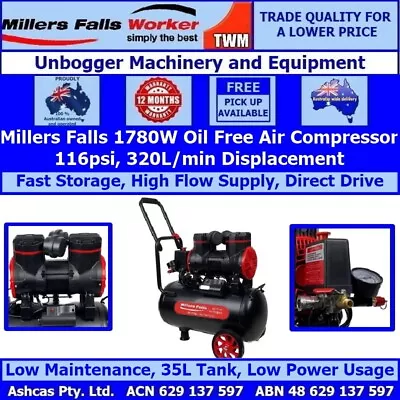 Millers Falls 1780W 2.4HP 35 Litre Oil-Free Air Compressor Low Maintenance Quiet • $348