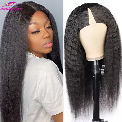 Kinky Straight V Part Humna Hair Wig Brazilian Women Machine Made Wig Glueless • $67.09